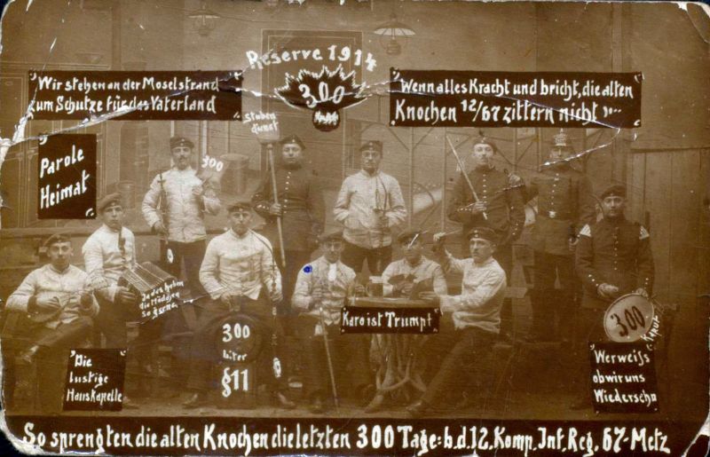Datei:12. Kompanie des Reserve-Infantrie-Regiment 67, Metz, Frankreich, 1915, vorne Mitte Johann Bitz aus Herne.jpg