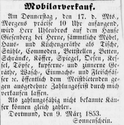 Datei:Dortmunder Anzeiger amtliches Kreisblatt 26 (12 3 1853) 21 Dortmund-Haus Gysenberg.png