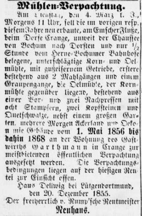 Dortmunder amtliches Kreisblatt 29 (1 1 1856) Crange Mühle.png