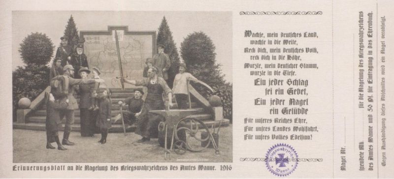 Datei:Erinnerungsblatt an die Nagelung des Kriegswahrzeichens des Amtes Wanne, 1916.jpg