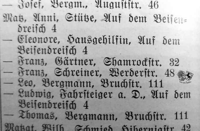 Adressbuch von 1934: Haus Auf dem Beisendreisch 4 mit Ludwig Matz, Fahrsteiger a. D., sowie seinen Töchtern Anni und Eleonore.