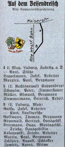 Adressbuch von 1938, Teil II, Seite 11: Auf dem Beisendreisch mit den beiden Häusern Nr. 4 und Nr. 6 im Eigentum von Ludwig Matz.
