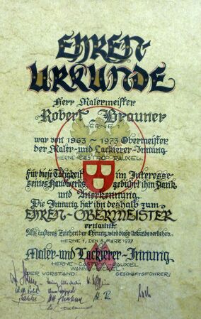 Ernennungsurkunde zum Ehren-Obermeister. Quelle: Archiv der Kreishandwerkerschaft Herne