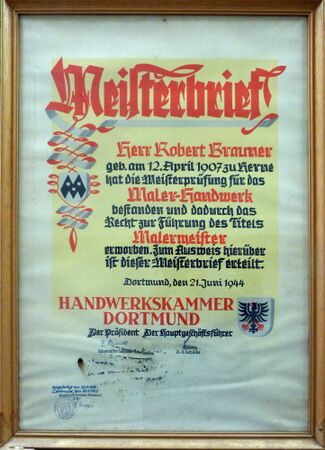 Zweitausfertigung des Meisterbriefes Robert Brauners. Quelle: Archiv der Kreishandwerkerschaft Herne.