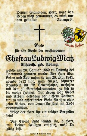 Rückseite der Totenkarte für Elisabeth Matz, geborene Kölling, gestorben am 26. Mai 1941.