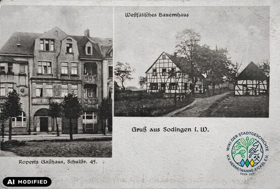 Das damals neue Haus Ropertz um 1910 mit dem alten Wohnhaus in Sodingen.