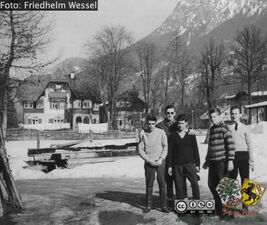 1961während einer Ski-Freizeit in Oberstdorf von links Klaus Zweiböhmer, Friedhelm Wessel, Horst Schneider, Volker Vogelmann und Karl Büttner