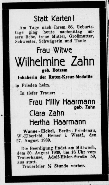 Datei:Westfälische Landeszeitung (29.8.1939) Zahn Wilhelmine.jpg