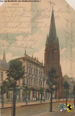 Bahnhofstraße mit St. Bonifatius Kirche, Postkarte, gelaufen 1905