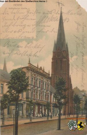 Bahnhofstraße mit St. Bonifatius Kirche, Postkarte, gelaufen 1905.jpg