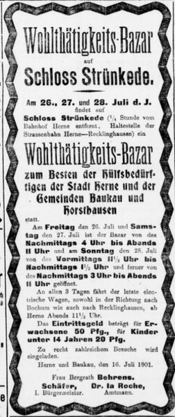 Datei:Bochumer Kreisblatt (20.07.1901) Wohltätigkeits Bazar Strünkede.jpeg