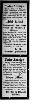 Todesanzeige Adolph Galland aus dem Castroper Anzeiger vom 1. Januar 1876