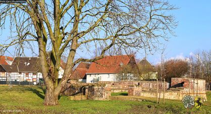 Haus Crange (Ruinen) im Hintergrund das Dorf Crange im Februar 2017.