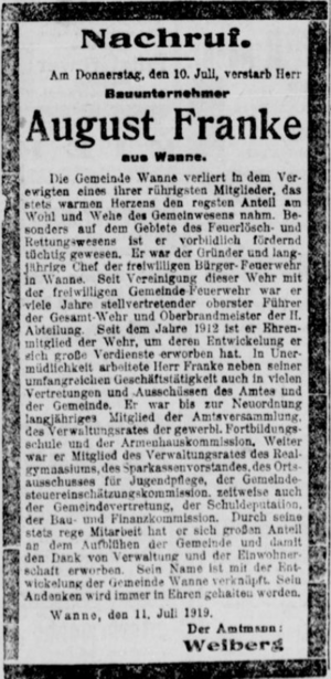 Gelsenkirchener Allgemeine Zeitung 17 (14.07.1919) August Franke.png