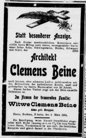 Gelsenkirchener Volkszeitung 5 (4.3.1904) 52. Beine-Traueranzeige.png