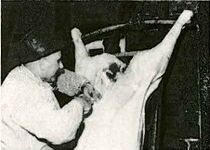 Aufgehängt an einem Holzgerüst, wird der Körper aufgeschnitten.