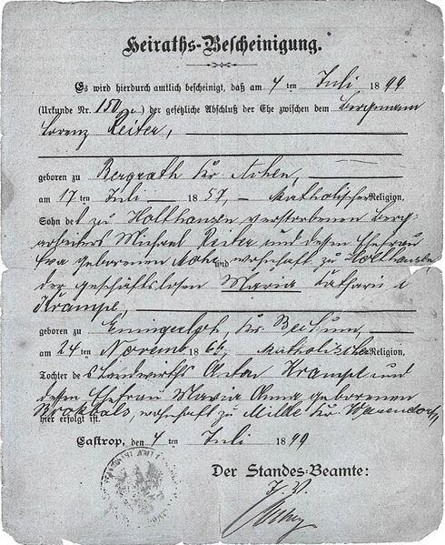 Datei:Heirats-Bescheinigung Reiter Krampe.jpg