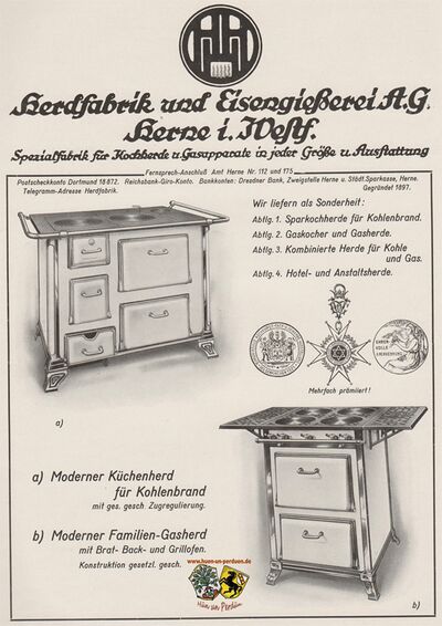 Reklame der Herdfabrik und Eisengießerei AG Herne i.W. 1928. Knöll 1922