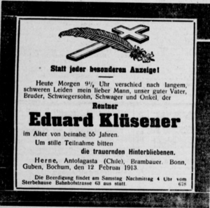 Herner Anzeiger 9 (13.2.1913) 36.-Klüsener-Todesanzeige.png