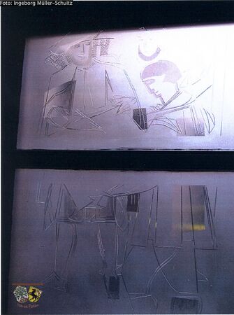 Meister, Geselle und Lehrling - Darstellung aus dem 15. Jahrhundert. Schliff- und Klebetechnik von Edmund Schuitz 1954.