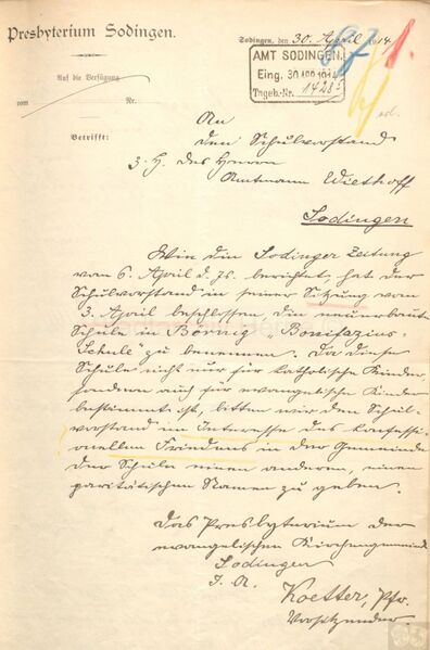 Datei:Schreiben des Presbyteriums Sodingen vom 30. April 1914.jpg