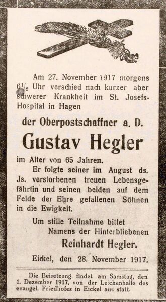 Datei:Todesanzeige für Gustav Hegler, Foto Stadtarchiv Herne.jpg