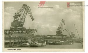 Wanne-Eickel Westhafen mit Brückenkränen um 1950.jpeg